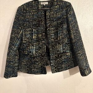 Kasper Black Tweed Open-Front Blazer with Blue & Gold Accents
